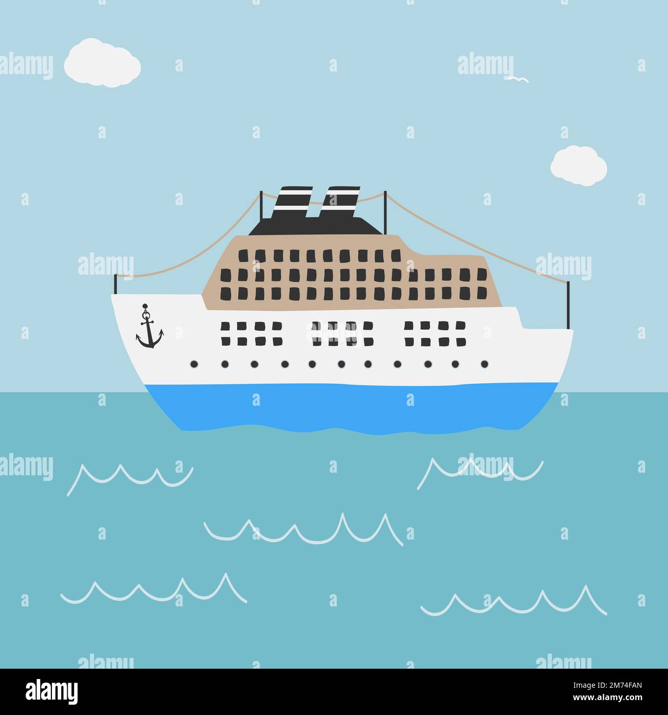 scandinavian style illustration of cruise ship on blue sea, scandi vector drawing for children Stock Vector