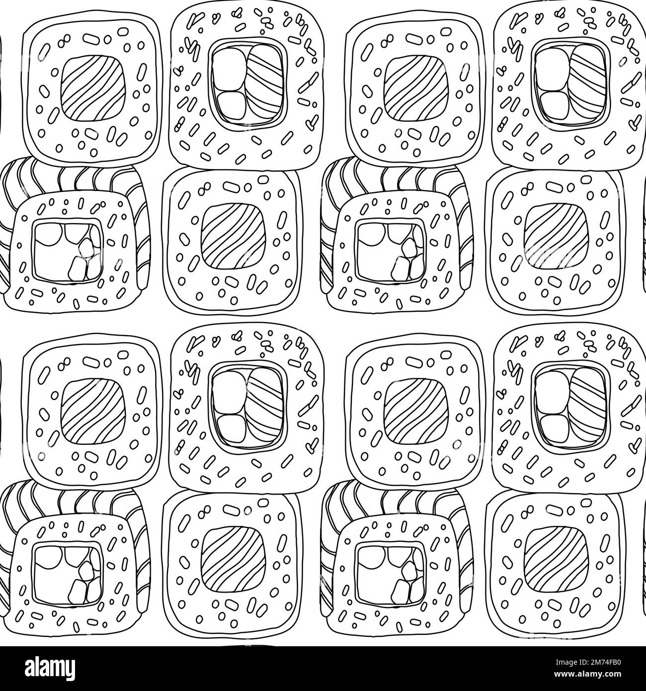 Seamless pattern with Sushi roll illustration in doodle style black color on white background Stock Vector