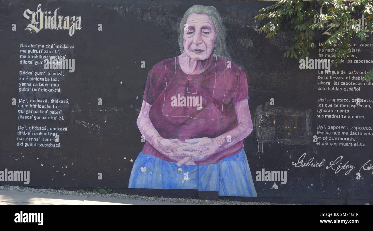 Poem for Zapoteco language, Diidxaza on the wall in Oaxaca City. Stock Photo