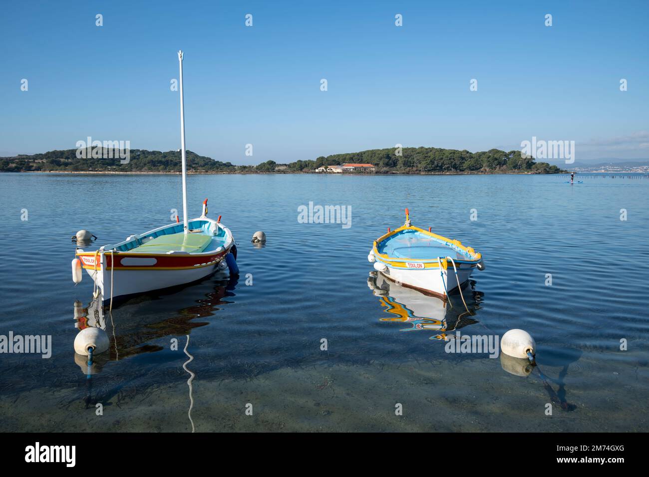 Traditional, colourful and typical fishing boats, the pointu, also called the barquette marseillaise Stock Photo