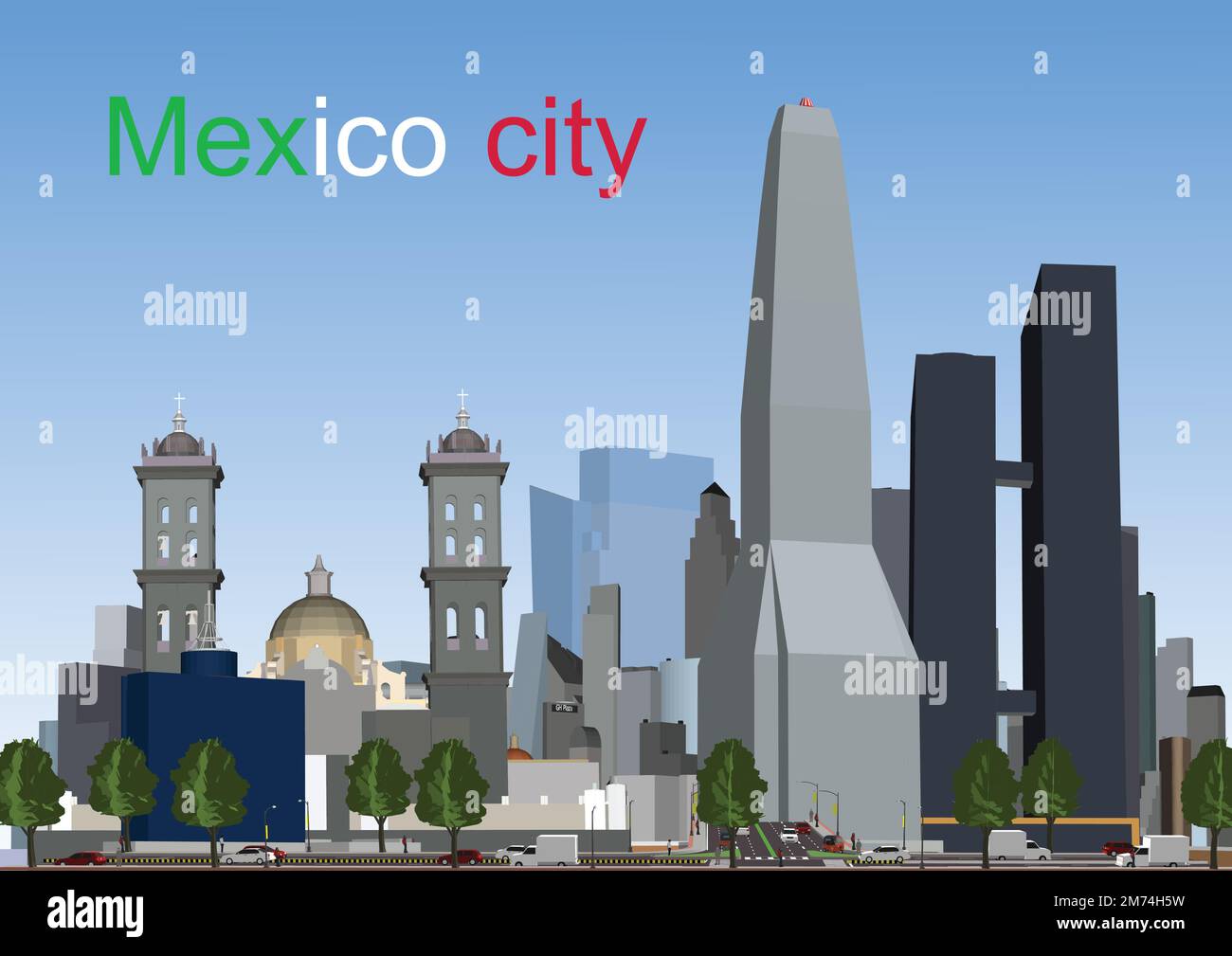 Mexico skyline with buildings, sky. Business travel and tourism concept. Image for presentation,  banner, placard and web site. Vector illustration Stock Vector