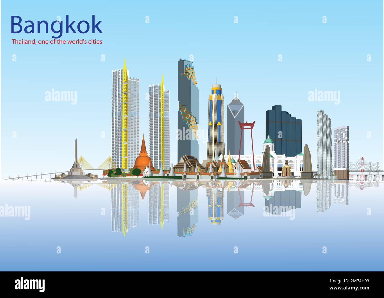Bangkok night skyline (Thailand). Vector illustration. Business travel and tourism  concept with modern buildings. Image for banner or web site. Stock Vector