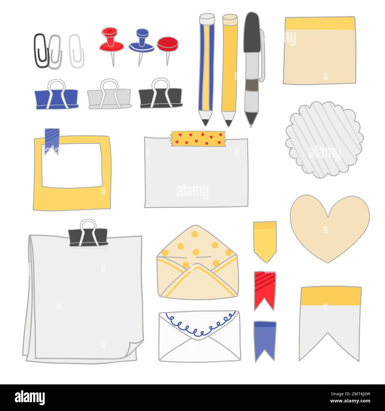 Note papers and office supplies doodle vector set Stock Vector