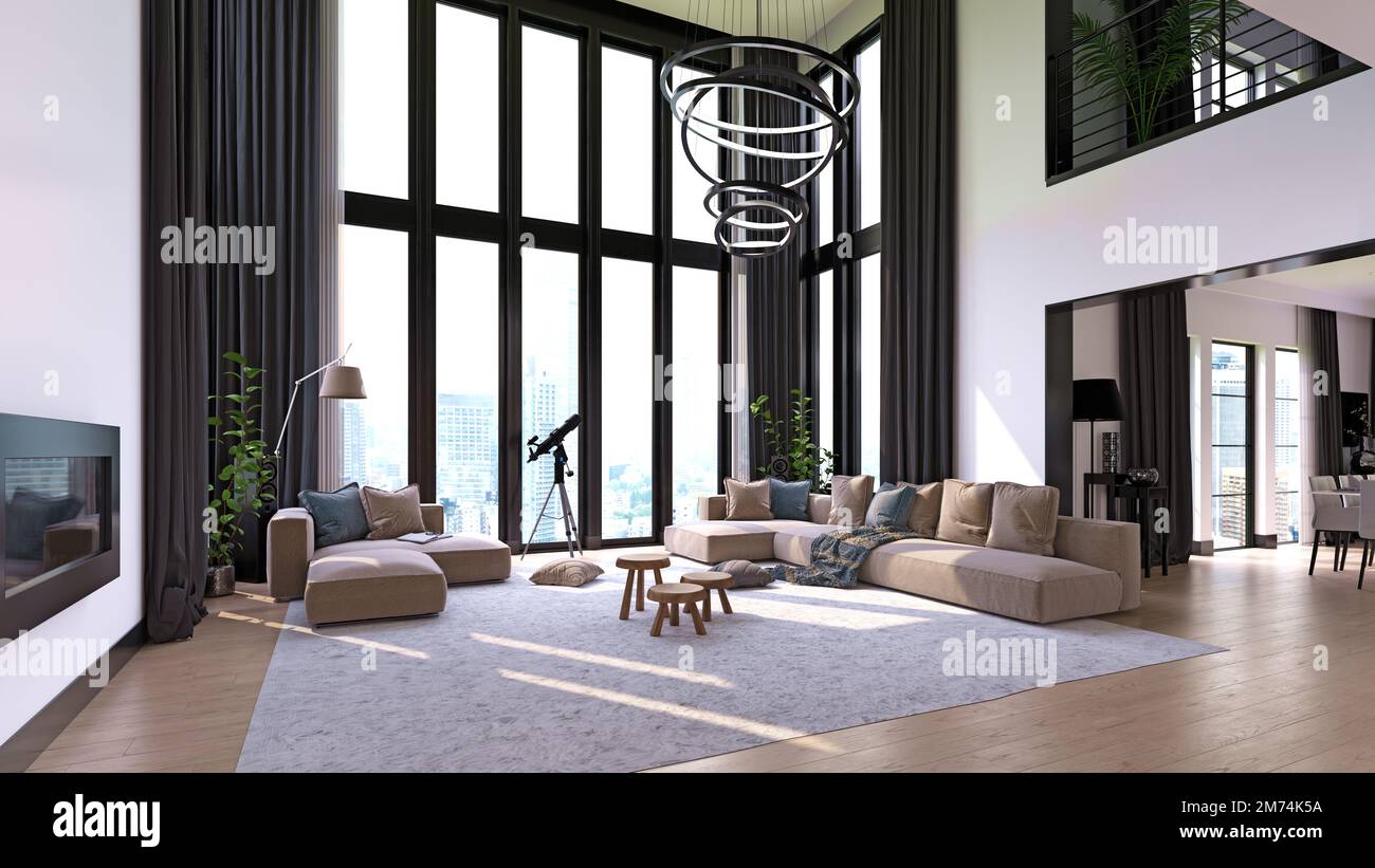 Modern living interior. 3d design concept illustration Stock Photo - Alamy