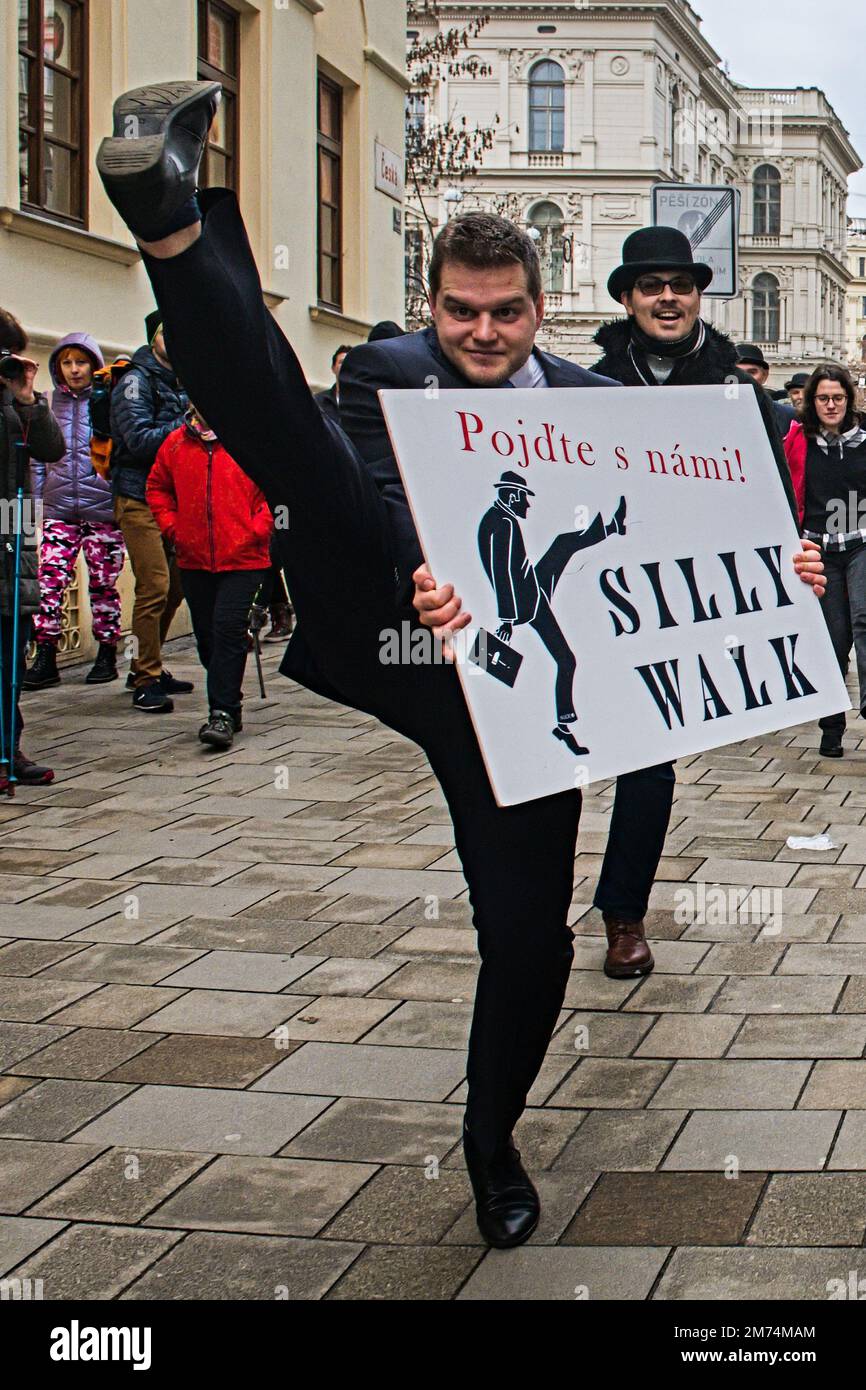 Brno, Czech Republic. 07th Jan, 2023. Tenth mock event called 'Silly Walks through Brno' on the occasion of International Silly Walk Day inspired by British comedy troupe Monty Python. Participants meet outside Supreme Administrative Court at Justice statue in Brno, Czech Republic, January 7, 2023. Credit: Patrik Uhlir/CTK Photo/Alamy Live News Stock Photo