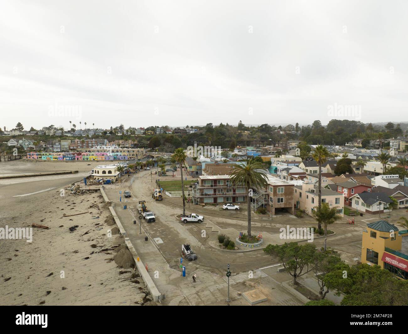 Aerial view of the Capitola Beachfront in Capitola, CA after the most