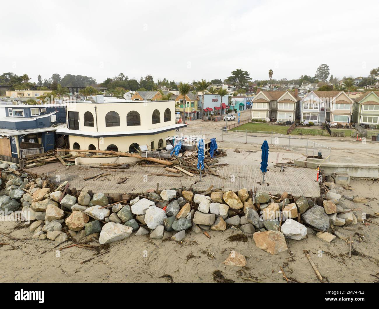 Aerial view of the Capitola Beachfront in Capitola, CA after the most