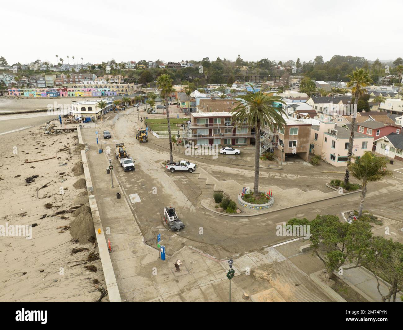 Aerial view of the Capitola Beachfront in Capitola, CA after the most