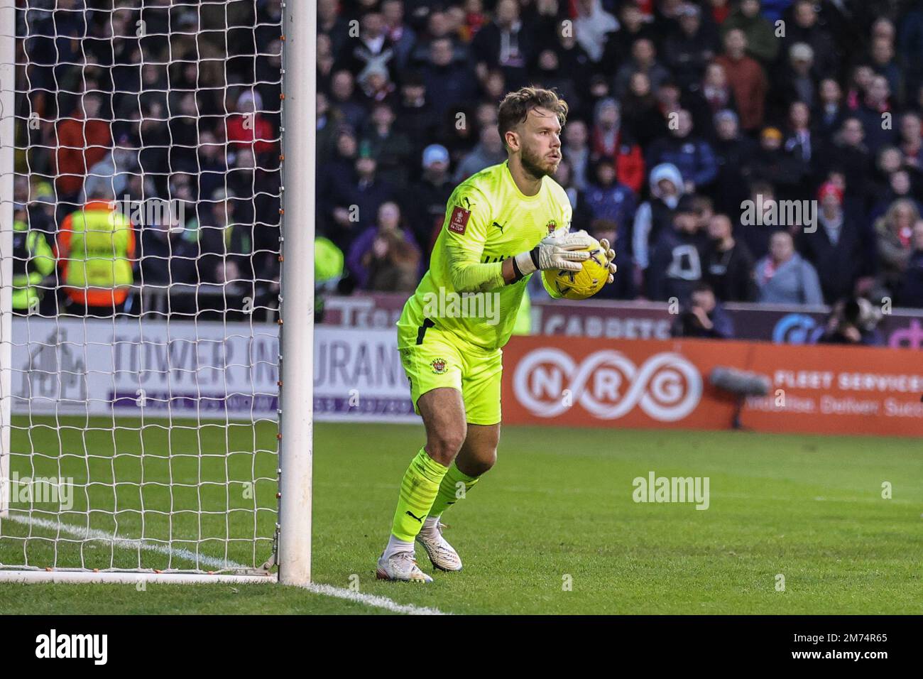 Blackpool, UK. 07th Jan, 2023. Chris Maxwell #1 of Blackpool saves a shot from Sam Surridge #16 of Nottingham Forest during the Emirates FA Cup Third Round match Blackpool vs Nottingham Forest at Bloomfield Road, Blackpool, United Kingdom, 7th January 2023 (Photo by Mark Cosgrove/News Images) in Blackpool, United Kingdom on 1/7/2023. (Photo by Mark Cosgrove/News Images/Sipa USA) Credit: Sipa USA/Alamy Live News Stock Photo