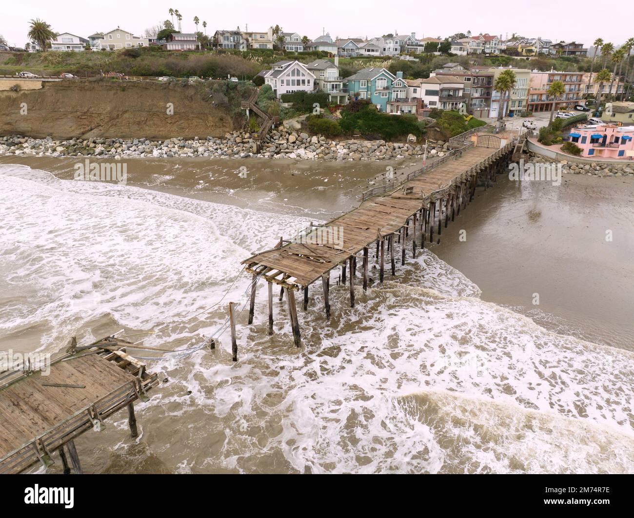 Aerial view of the Capitola Pier in Capitola, CA after the most recent