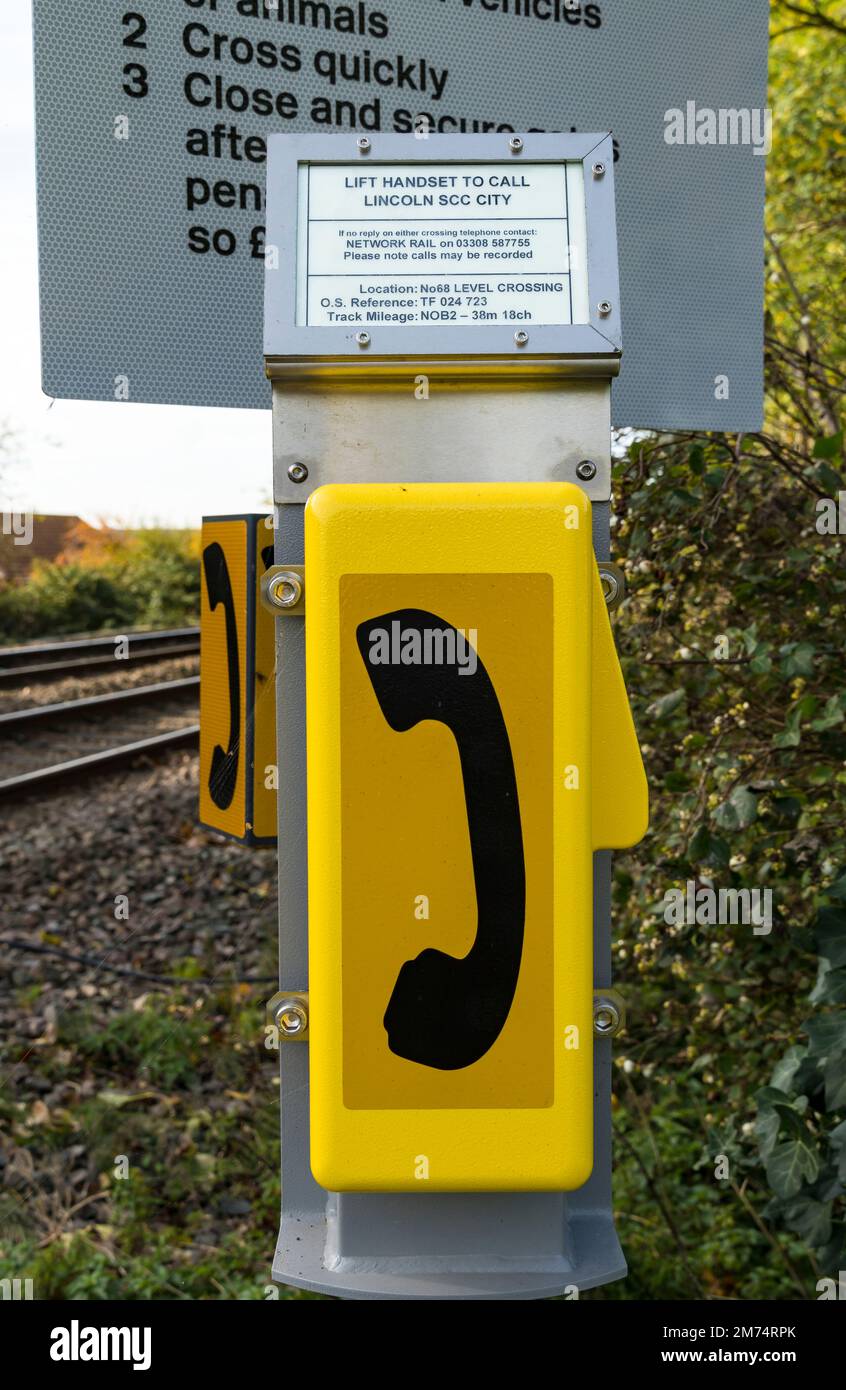 Network Rail telephone at level crossing, Green lane Cherry Willingham Lincoln 2022 Stock Photo