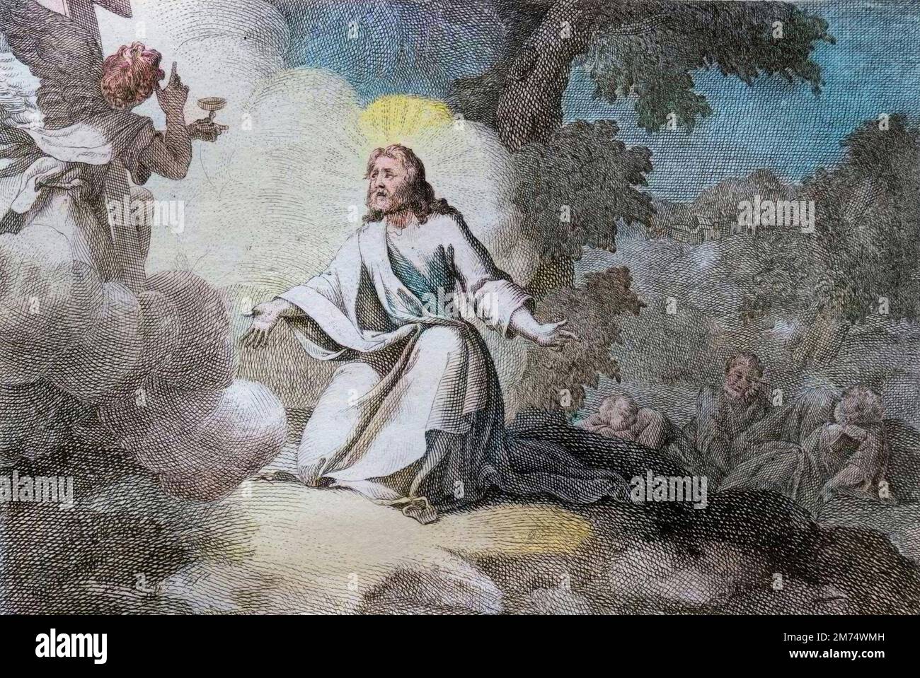 Bible par le Sieur de Royaumont, Nouveau Testament : Jesus Christ au jardin (la priere sur le mont des oliviers). Un ange tenant un calice apparait a Jesus. Les apotres Saint Pierre, Saint Jean et Saint Jacques sont endormis. Gravure de 1811 - Bible de Royaumont, New Testament : Jesus Christ in the garden (the prayer on the Mount of Olives). An angel holding a chalice appears to Jesus. The apostles Saint Peter, Saint John and Saint James are asleep. Engraving - later colouring Stock Photo