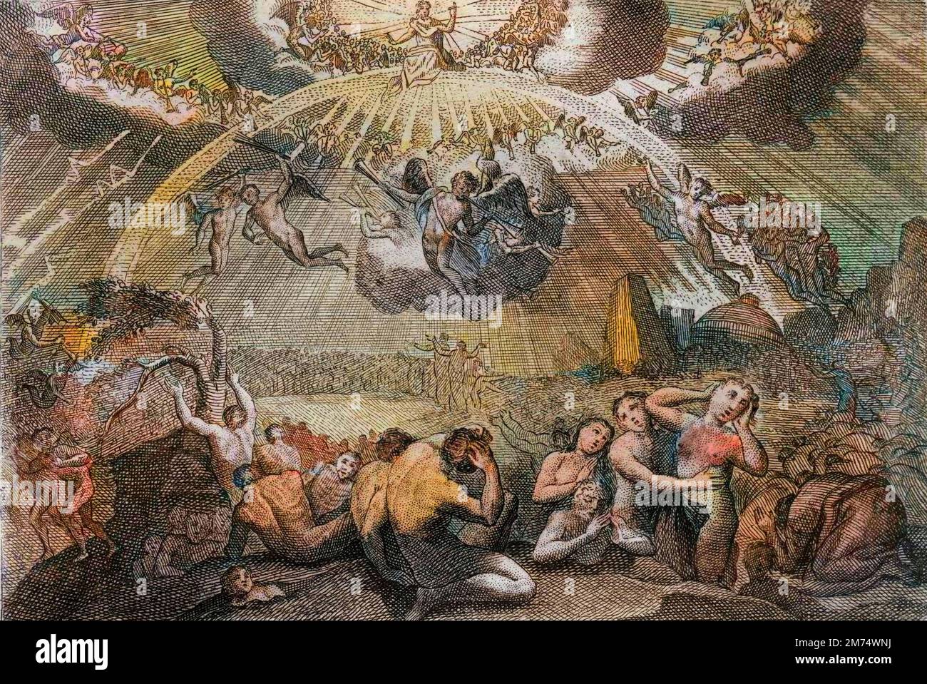 Bible par le Sieur de Royaumont, Nouveau Testament : Le Jugement dernier. Gravure de 1811 - Bible de Royaumont, New Testament : The Last Judgement. Engraving - later colouring Stock Photo