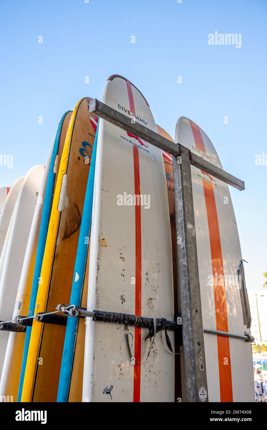 Honolulu, Hawaii December 26, 2022 Surfboards on Waikiki Beach