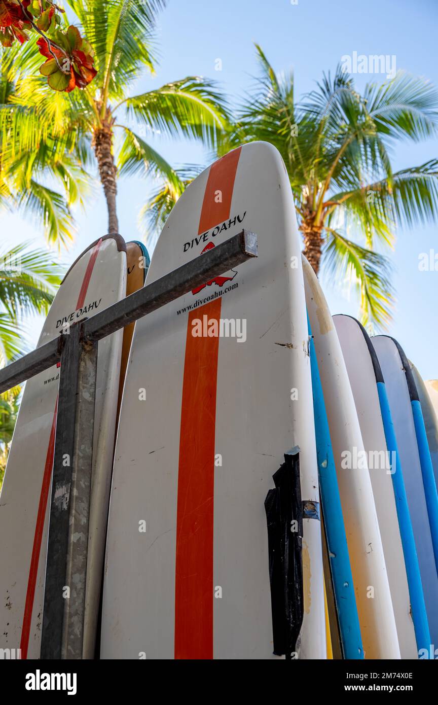 Honolulu, Hawaii December 26, 2022 Surfboards on Waikiki Beach