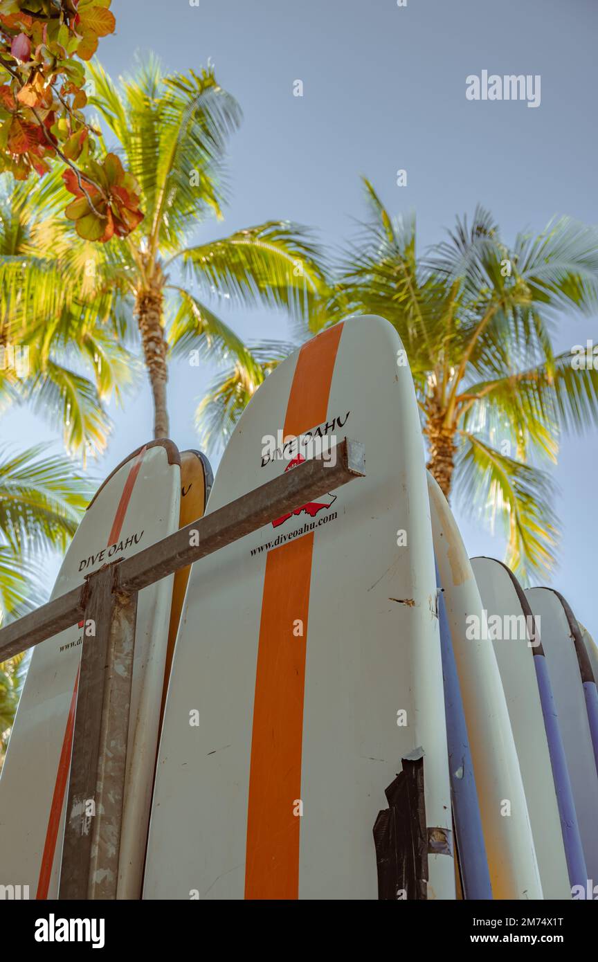 Honolulu, Hawaii December 26, 2022 Surfboards on Waikiki Beach