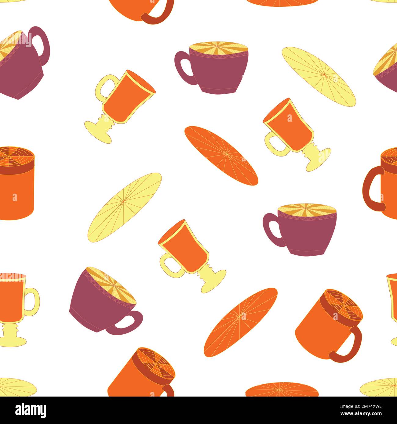 Cups and saucers bright seamless pattern. Tea, tea shop, coffee
