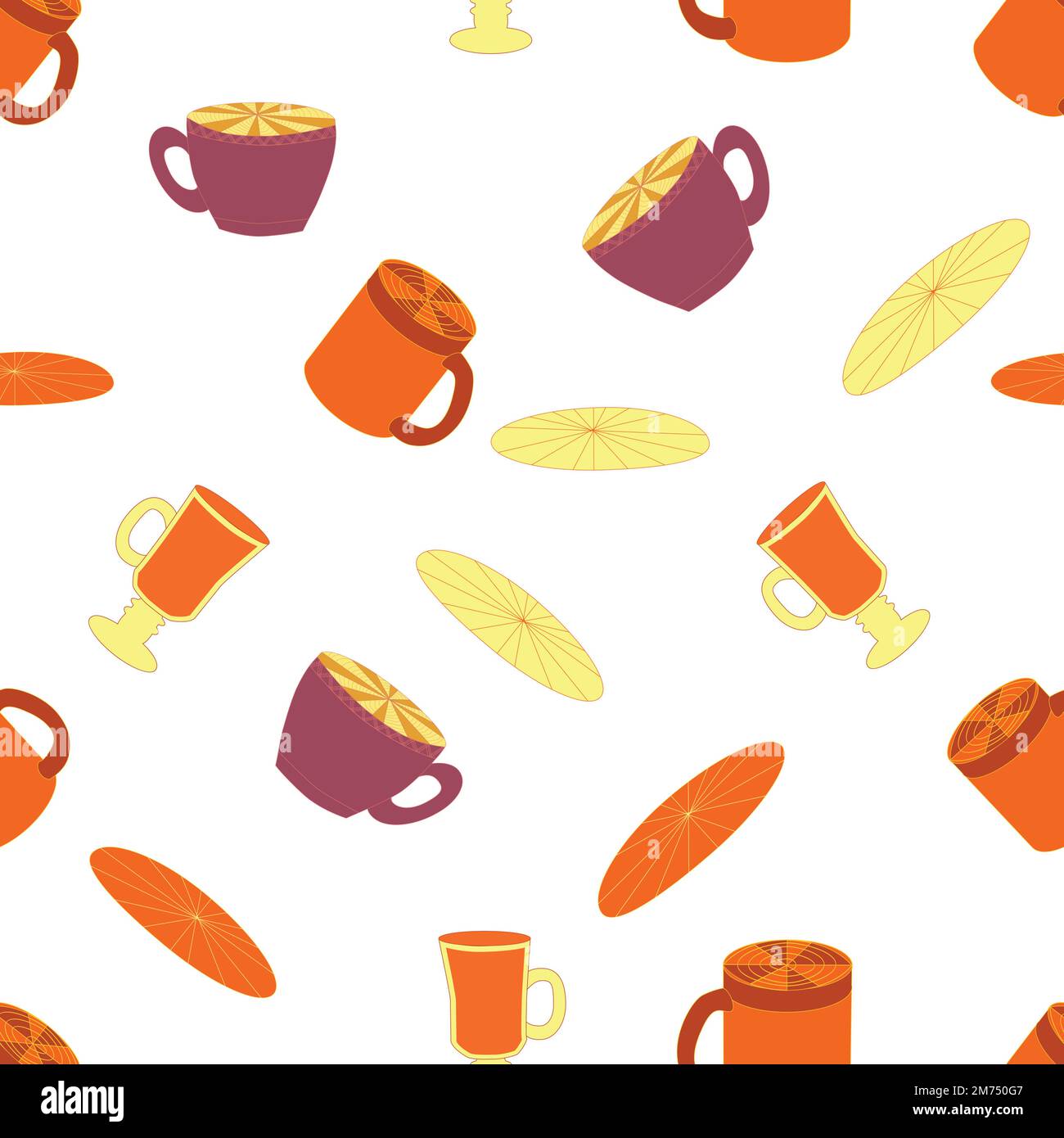 Cups and saucers bright seamless pattern. Tea, tea shop, coffee ...