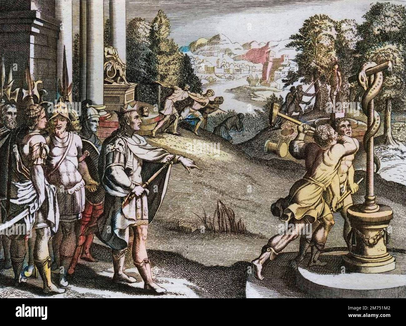 Bible par le Sieur de Royaumont, Ancien Testament : Le Roi Ezechias. Ezechias, Roi de Juda, s'applique au culte de Dieu et fait briser les idoles que son peuple adorait avant qu'il fut Roi. Gravure de 1811 - Bible de Royaumont, Old Testament : King Hezekiah. Hezekiah, King of Judah, applies himself to the worship of God and has the idols that his people worshipped before he was King broken down. Engraving - later colouring Stock Photo