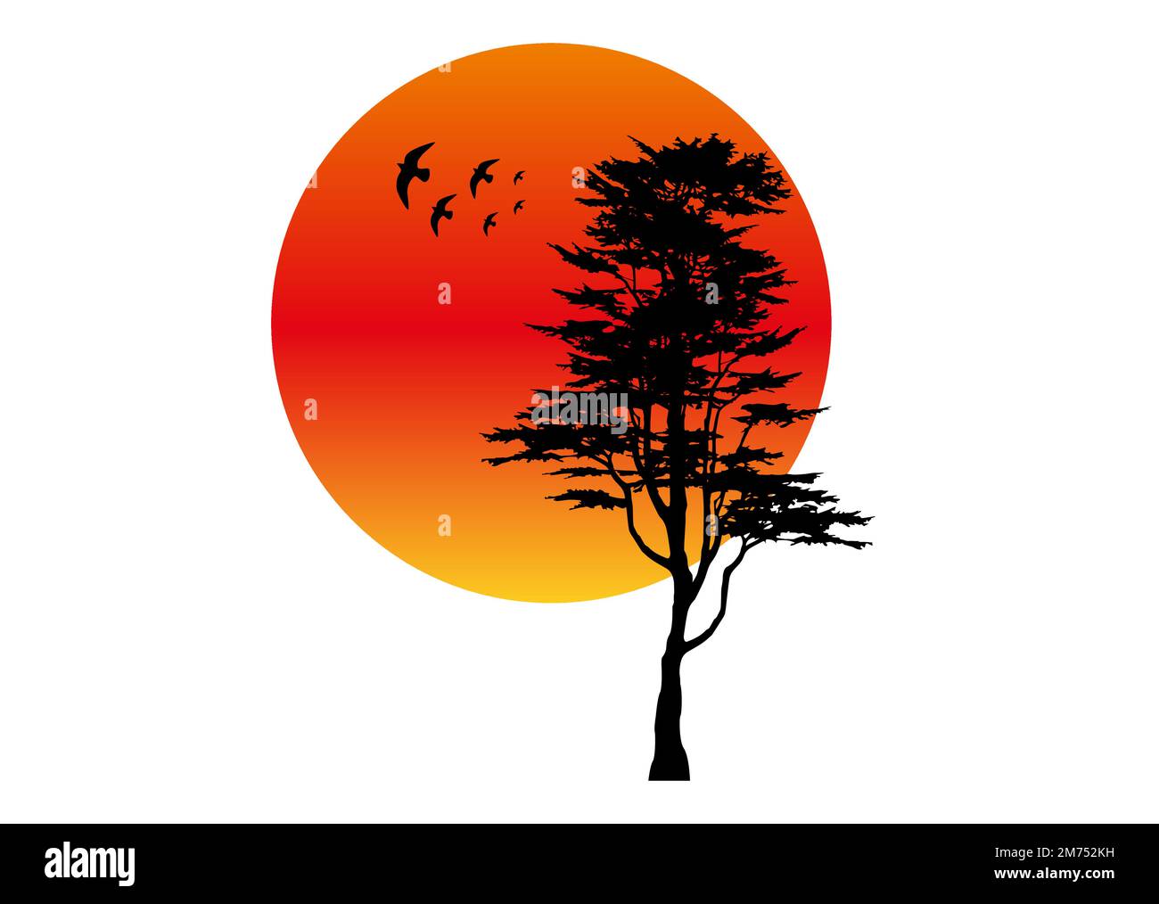 Tree silhouette and eagles, red sunset landscape logo concept, vector isolated on white background Stock Vector