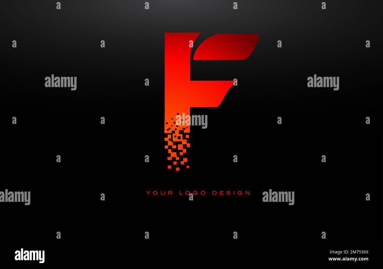 F Initial Letter Logo Design with Digital Pixels in Red Colors. Stock Vector