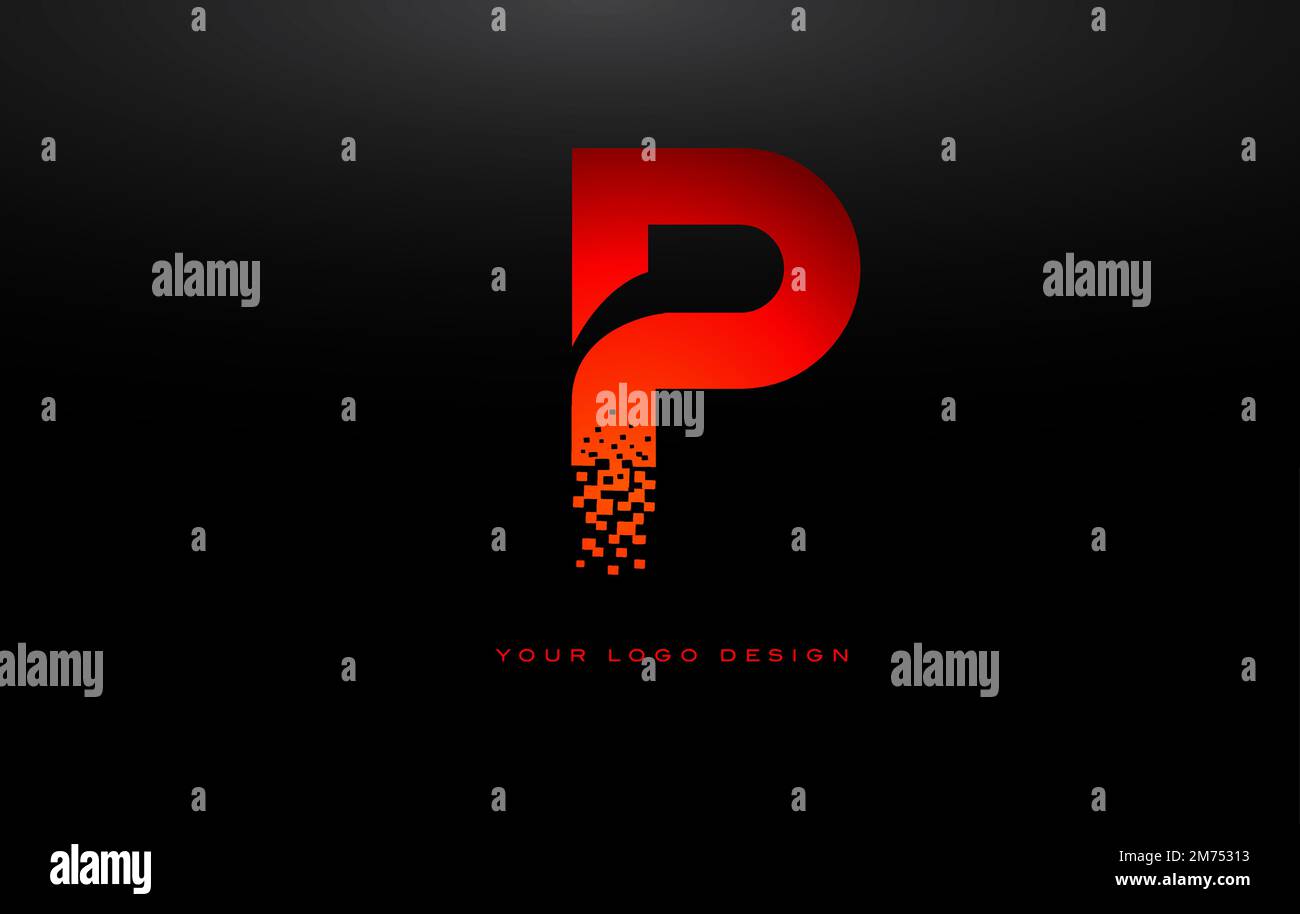 P Initial Letter Logo Design with Digital Pixels in Red Colors. Stock Vector