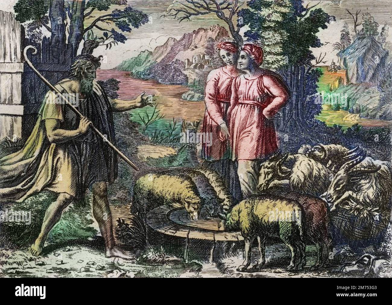 Bible par le Sieur de Royaumont, Ancien Testament Rachel et Lea. Jacob sert Laban, son oncle