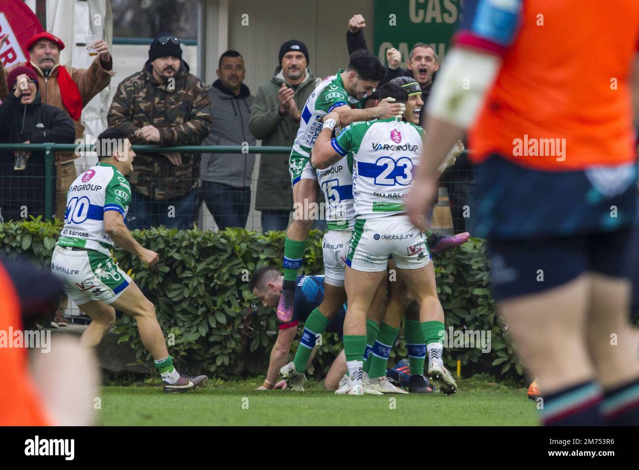 Benetton Celebrate try  during  Benetton Rugby vs Ulster Rugby, United Rugby Championship match in Treviso, Italy, January 07 2023 Stock Photo