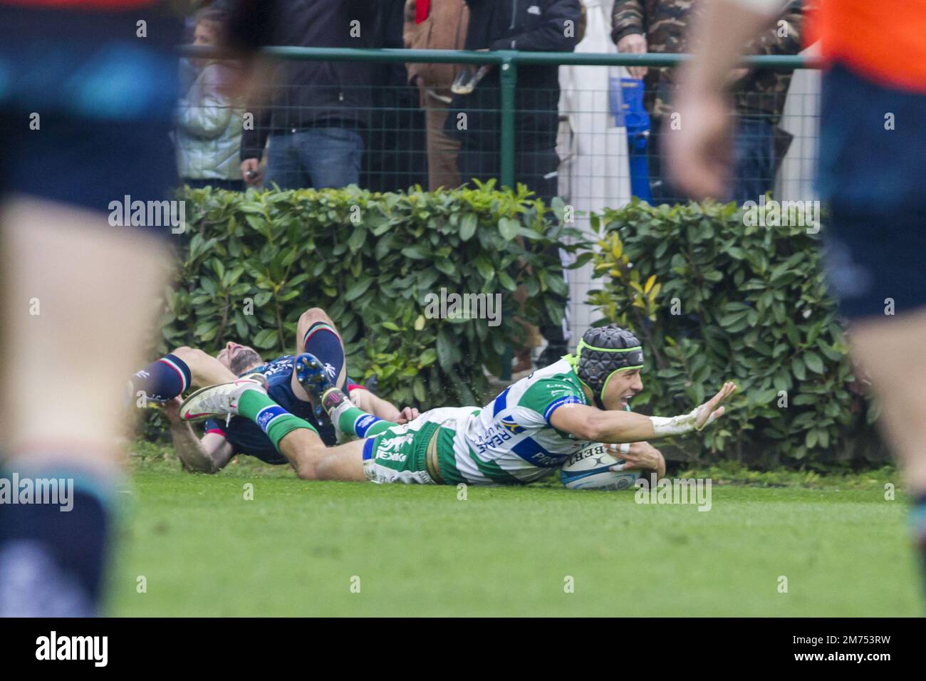 Ignacio Brext try  during  Benetton Rugby vs Ulster Rugby, United Rugby Championship match in Treviso, Italy, January 07 2023 Stock Photo