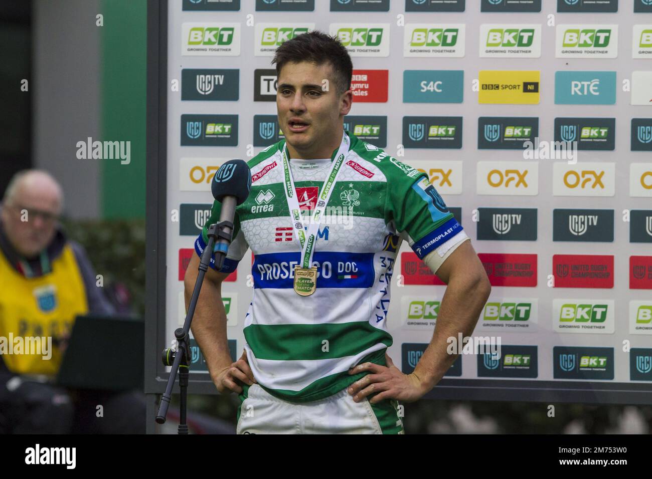 Man of the match Thomas Albornoz  during  Benetton Rugby vs Ulster Rugby, United Rugby Championship match in Treviso, Italy, January 07 2023 Stock Photo