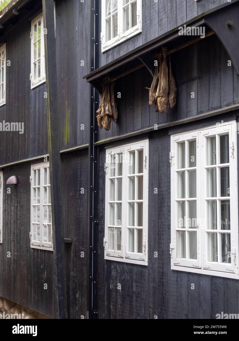 Drying fish outside in old Tórshavn Stock Photo
