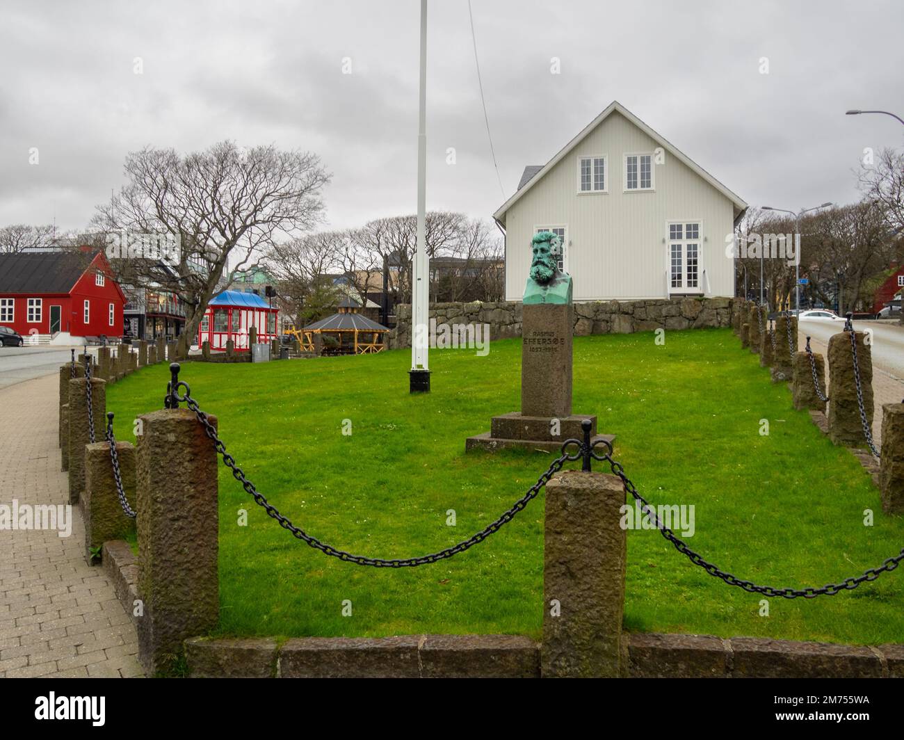 Løgting, Faroe Islands Parliament house in Vaglið square, and Rasmus Effersøe bust, Tórshavn Stock Photo