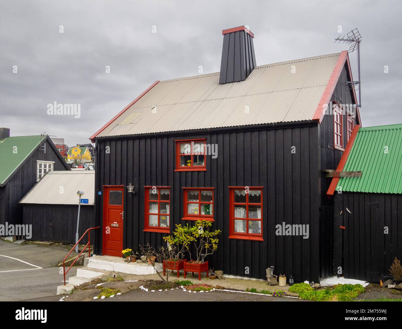 Tinganes house, black tared timber and red windows, Tórshavn Stock Photo