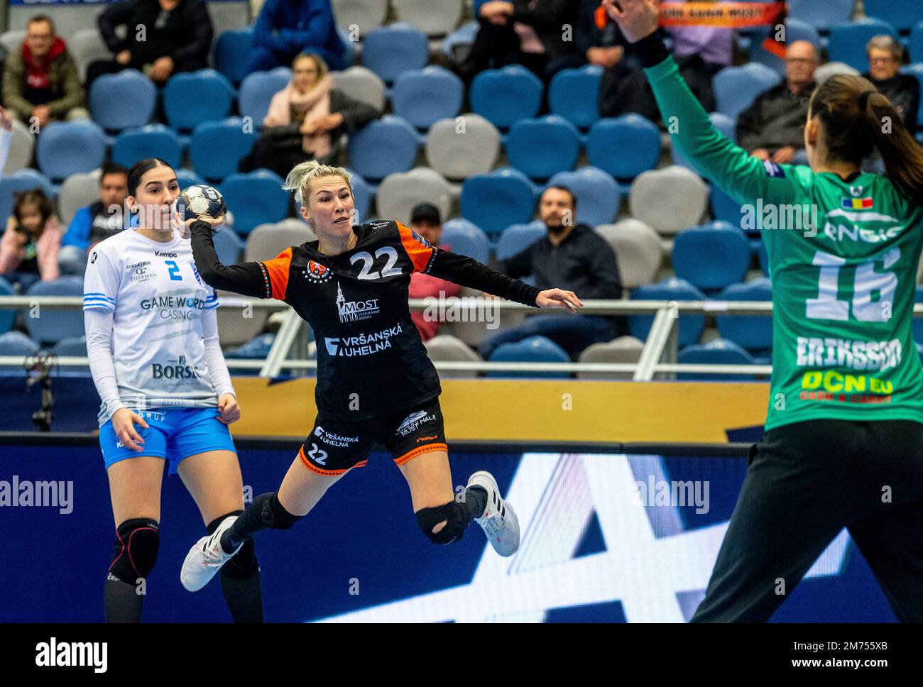 Chomutov, Czech Republic. 07th Jan, 2023. From left Andreea Mihaela Mihai of CSM Bucharest, Lucia Mikulcik of DHK Banik Most and Evelina Eriksson of Bucharest in action during the Women's Handball Champions League 10th round A group game: Most vs CSM Bucharest in Chomutov, Czech Republic, January 7, 2023. Credit: Ondrej Hajek/CTK Photo/Alamy Live News Stock Photo