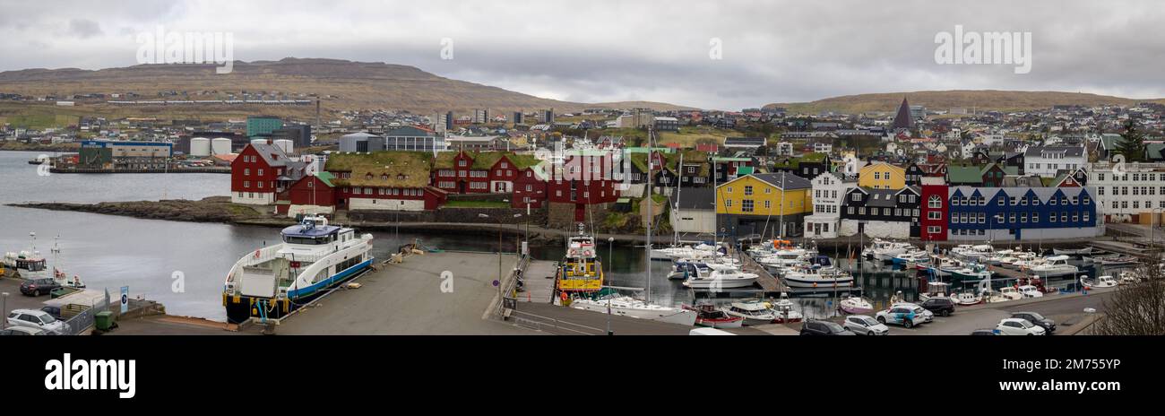 Tinganes peninsula and Tórshavn marina panorama Stock Photo
