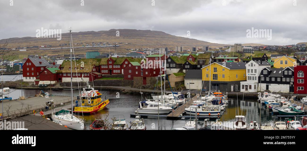 Tinganes peninsula and Tórshavn marina panorama Stock Photo