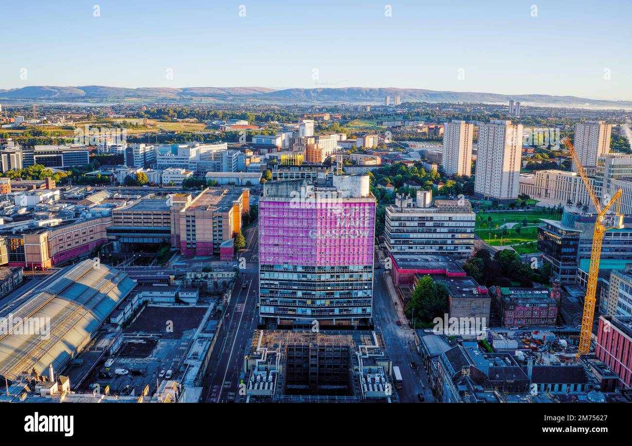 Aerial view of People Make Glasgow sign on tall tower building in city centre Stock Photo