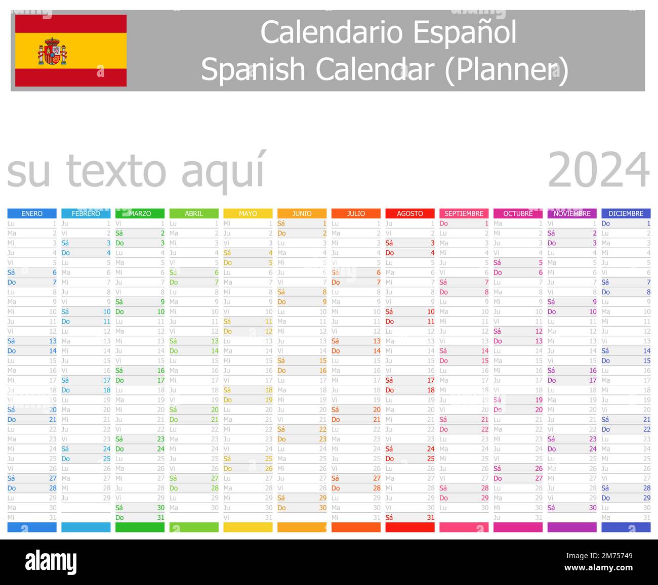 2024 Spanish Planner Calendar With Vertical Months On White Background 2M75749 