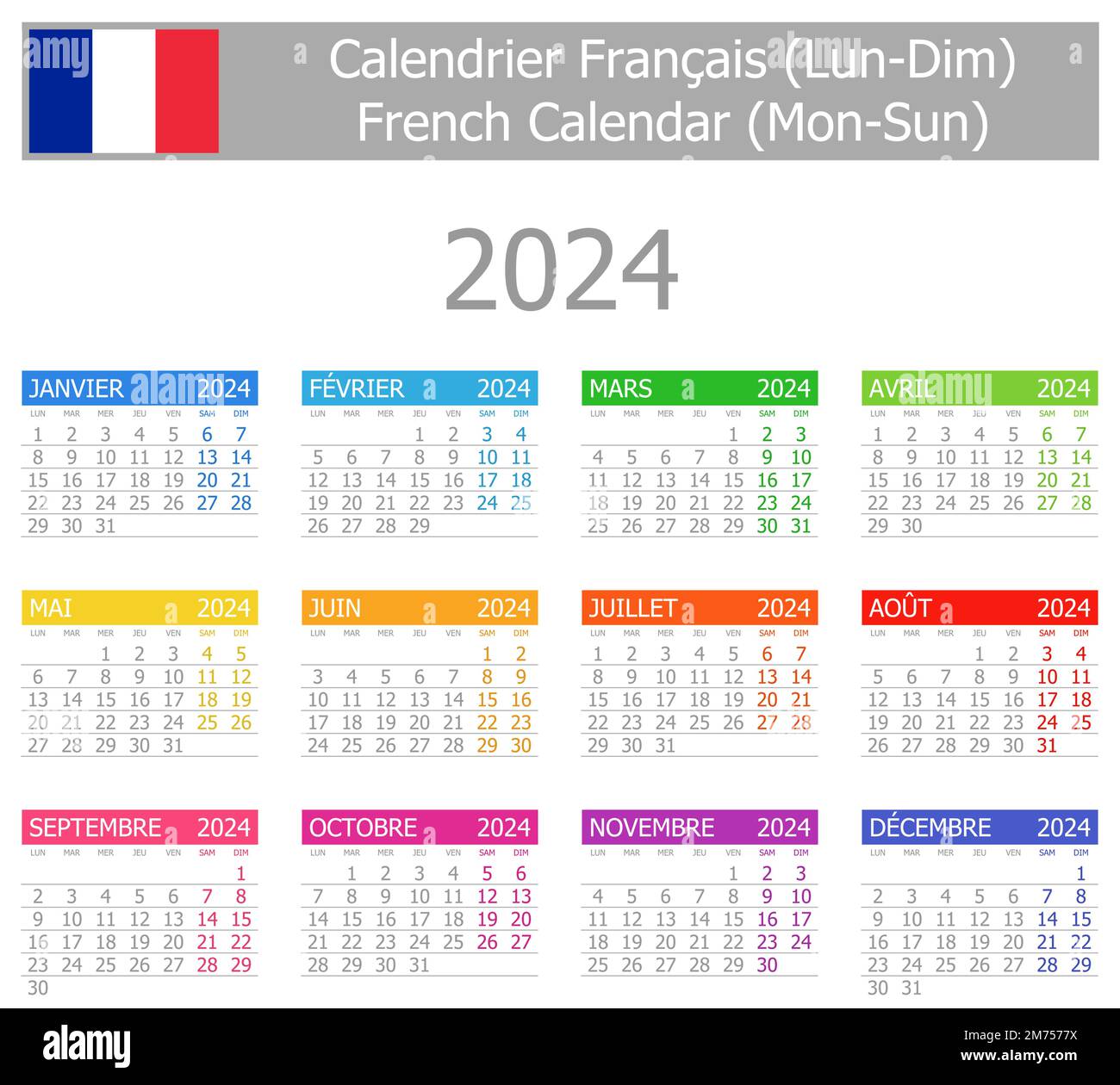 2024 French Type1 Calendar MonSun on white background Stock Vector