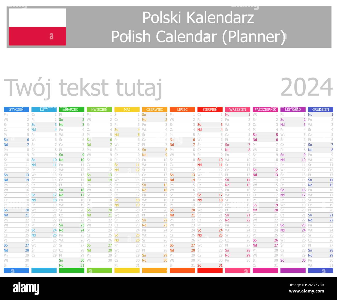 2025 Polish Planner Calendar with Vertical Months on white background