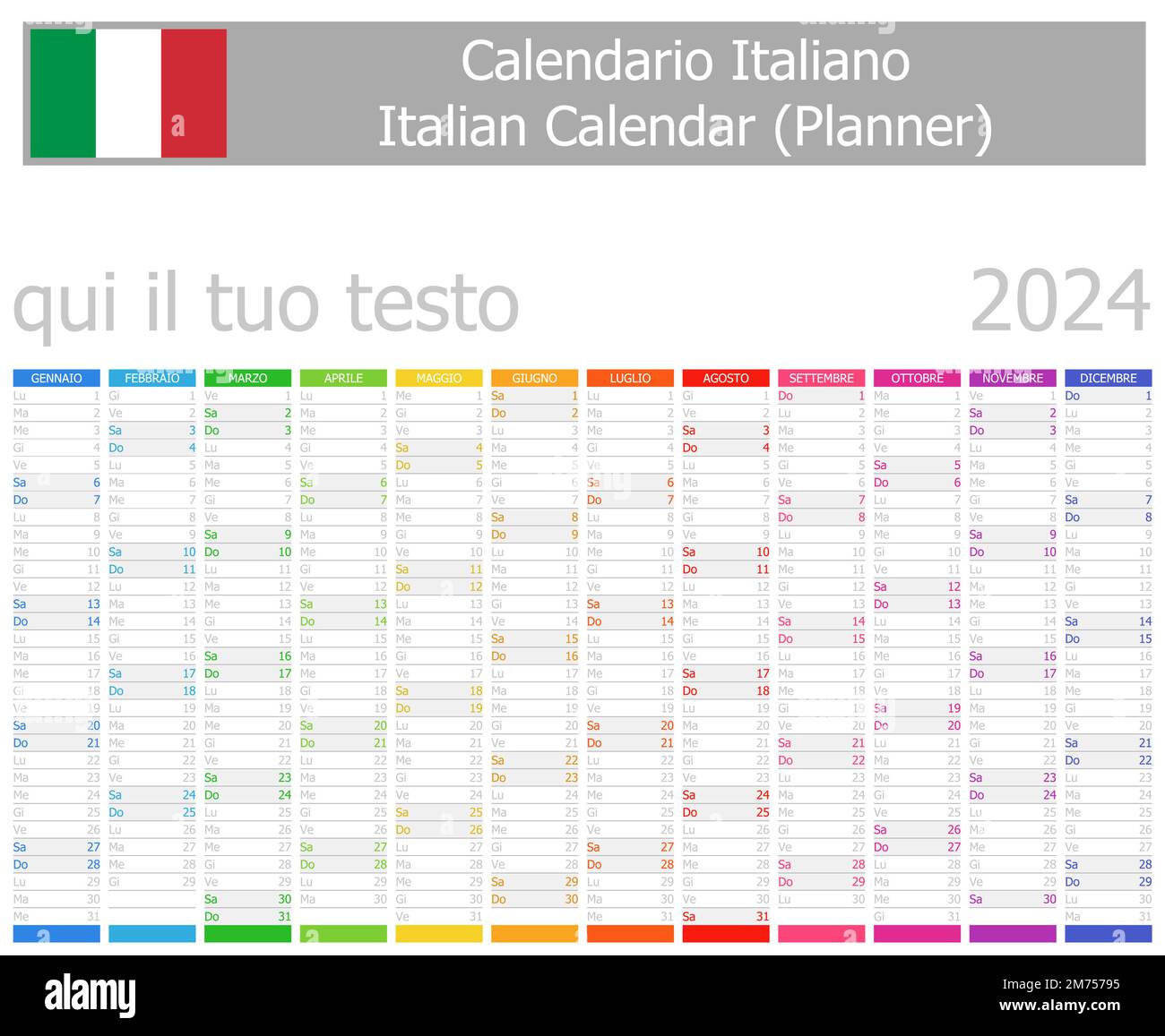 2025 Italian Planner Calendar with Vertical Months on white background