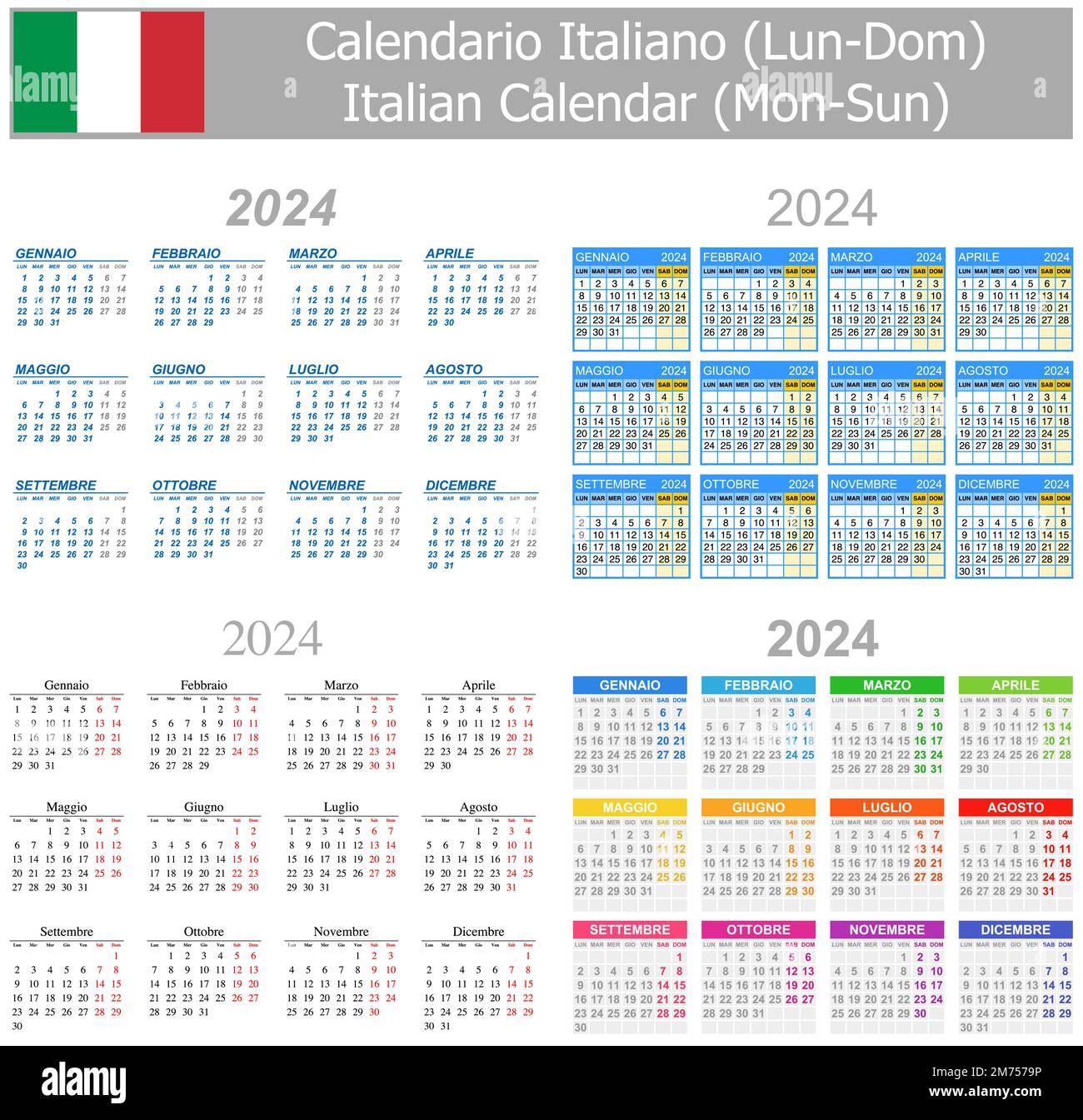 2024 Italian Mix Calendar MonSun on white background Stock Vector