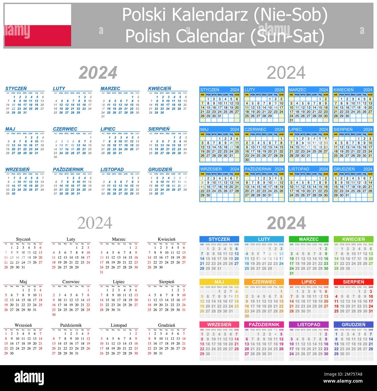2024 Polish Mix Calendar SunSat on white background Stock Vector Image