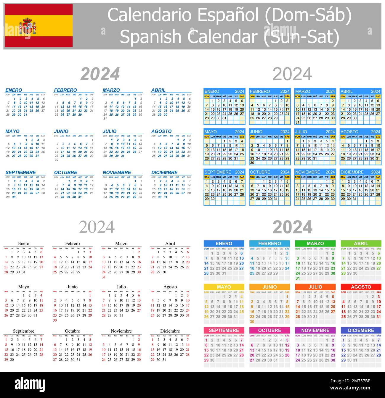 2024 Spanish Mix Calendar SunSat on white background Stock Vector