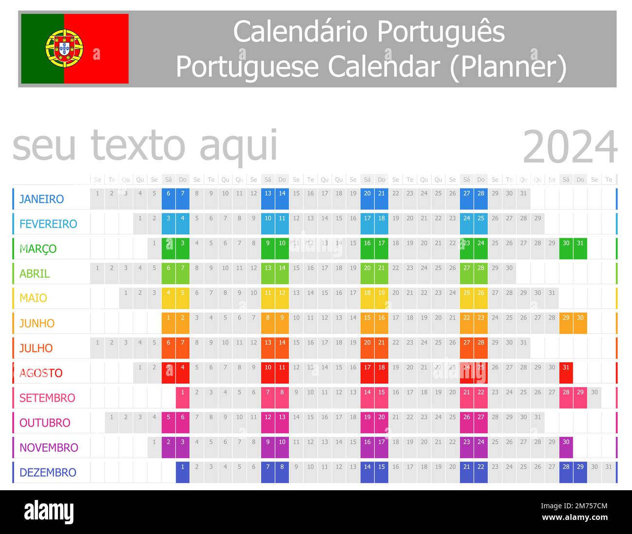 2024 Portuguese Planner Calendar with Horizontal Months on white