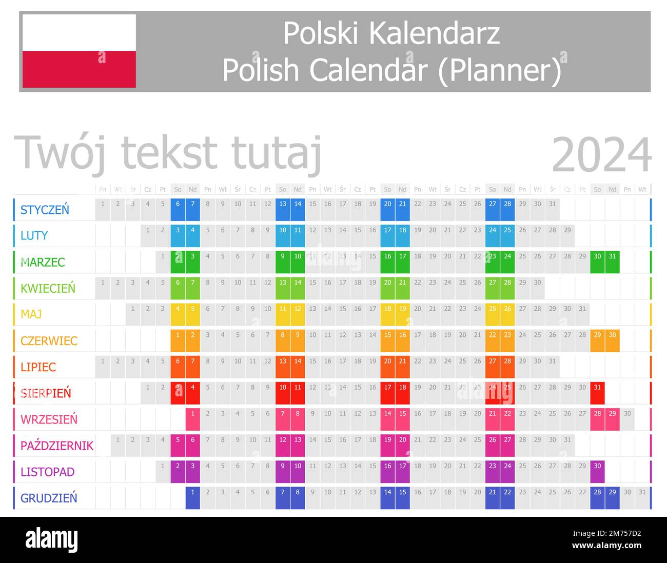 2024 Polish Planner Calendar with Horizontal Months on white background