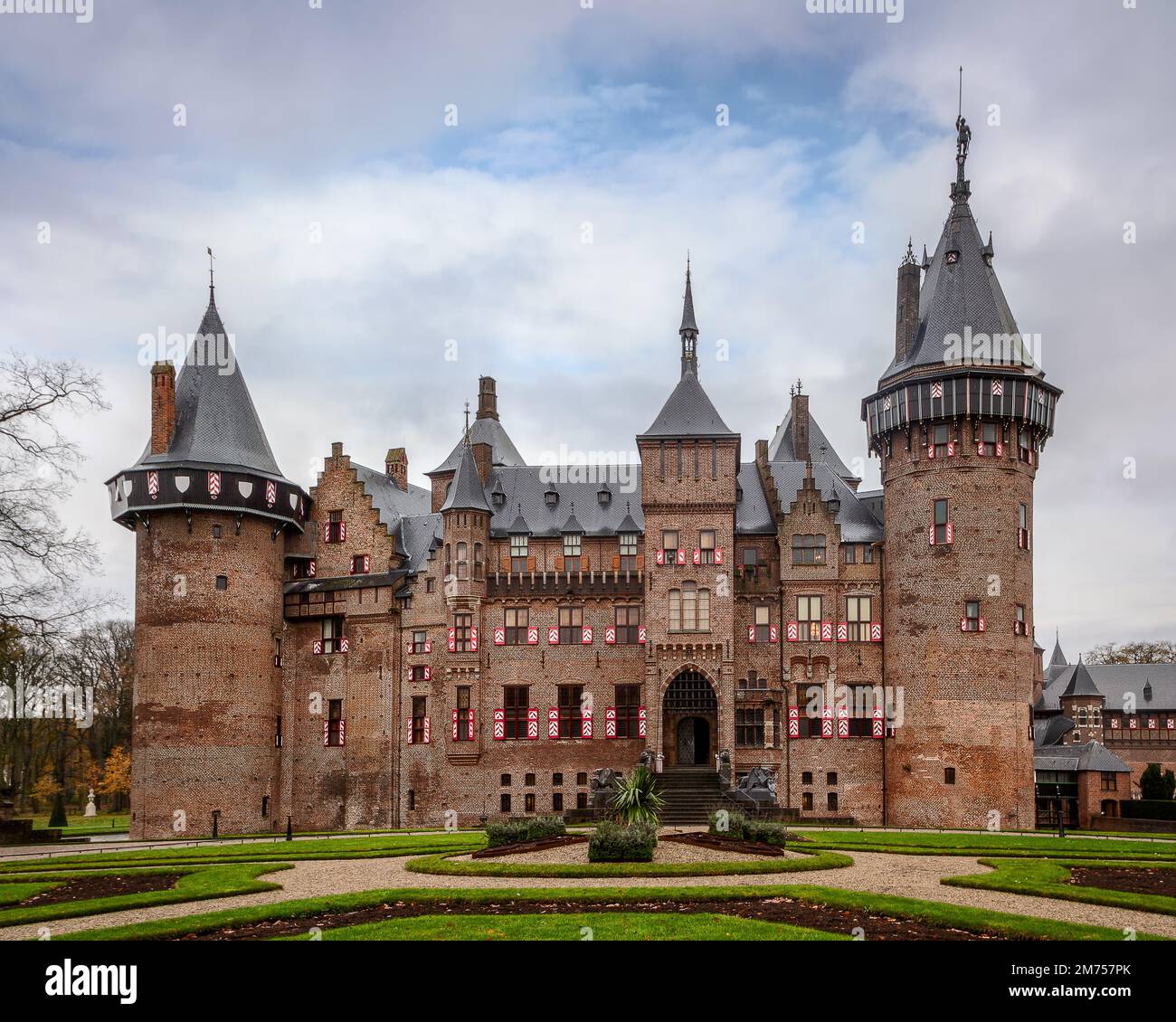 DE HAAR CASTLE, the largest castle in Holland and its ideal image of a medieval fortress with towers and ramparts, moats, gates and drawbridges. Stock Photo