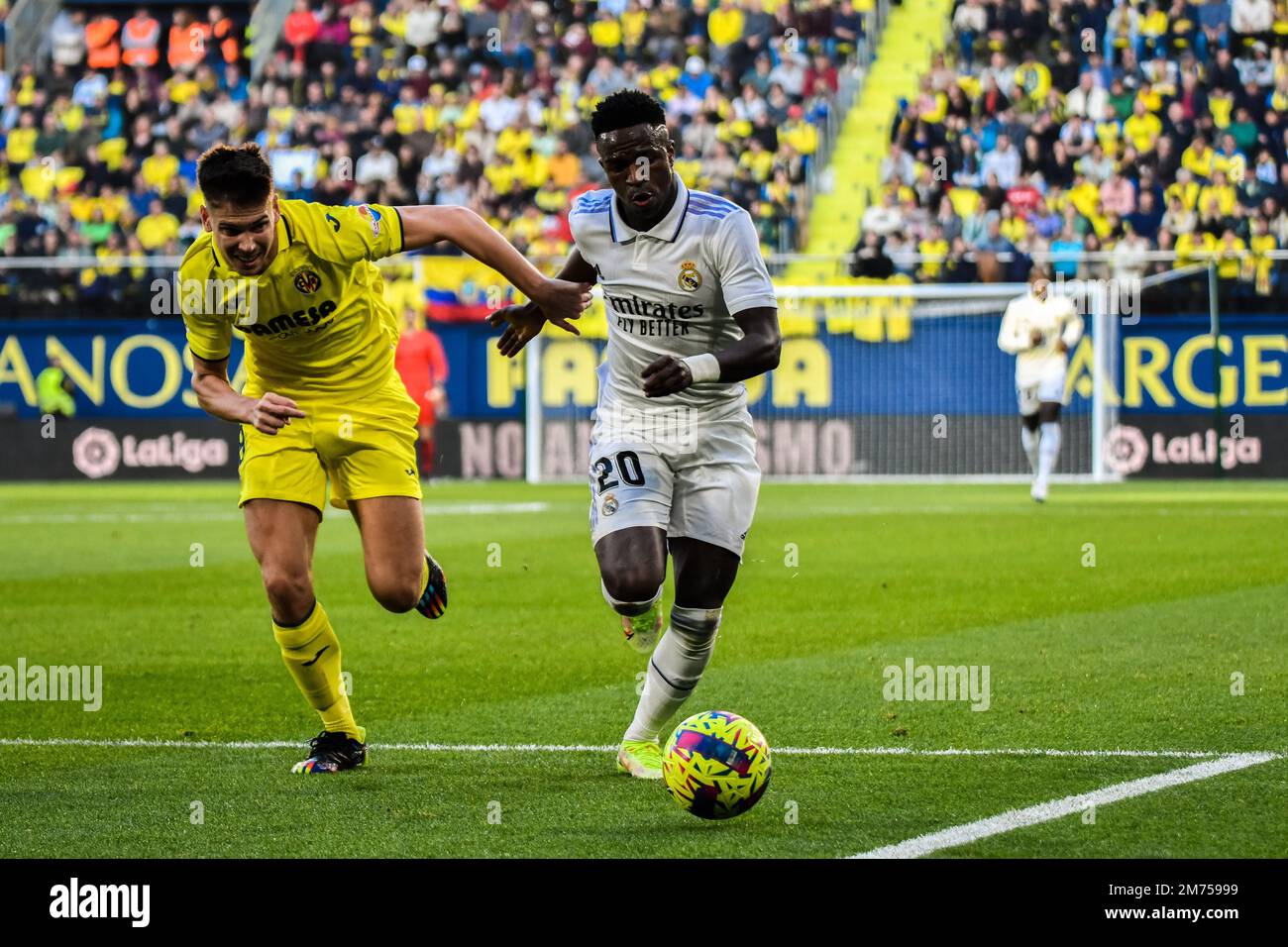 VILLARREAL, SPAIN - JANUARY 7: Vinicius Jr of Real Madrid CF run with the ball during the match between Villarreal CF and Real Madrid CF of La Liga Santander on January 7, 2023 at Estadi de la Ceramica in Villarreal, Spain. (Photo by Samuel Carreño/ PX Images) Credit: Px Images/Alamy Live News Stock Photo