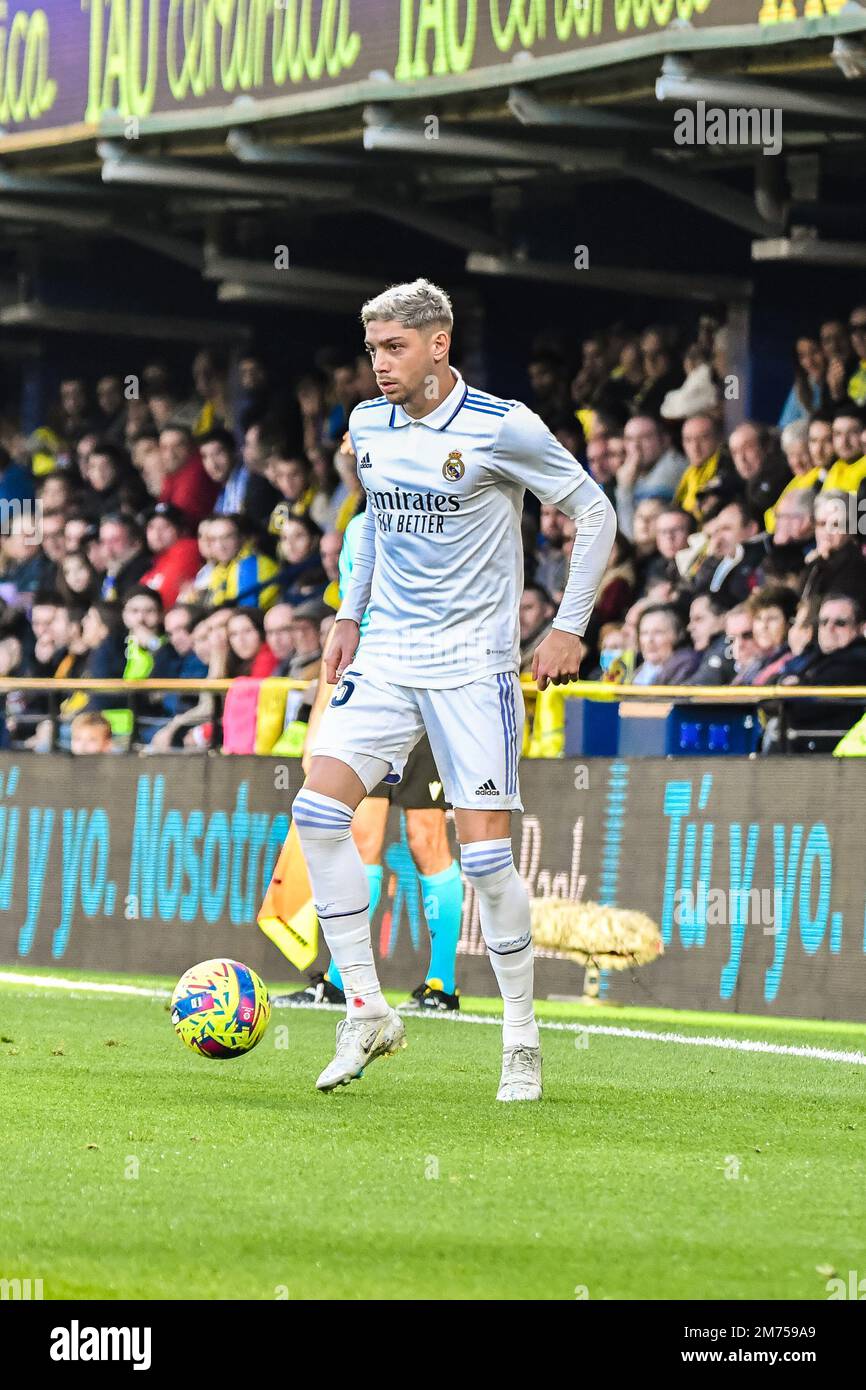 VILLARREAL, SPAIN - JANUARY 7: Federico Valverde of Real Madrid CF making a pass during the match between Villarreal CF and Real Madrid CF of La Liga Santander on January 7, 2023 at Estadi de la Ceramica in Villarreal, Spain. (Photo by Samuel Carreño/ PX Images) Credit: Px Images/Alamy Live News Stock Photo