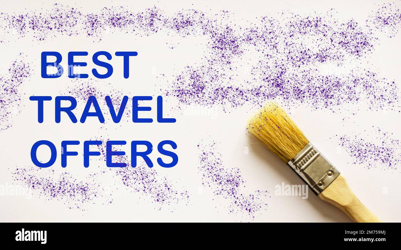 Adventure time - text Best travel deals on a bright background writes with a brush Stock Photo